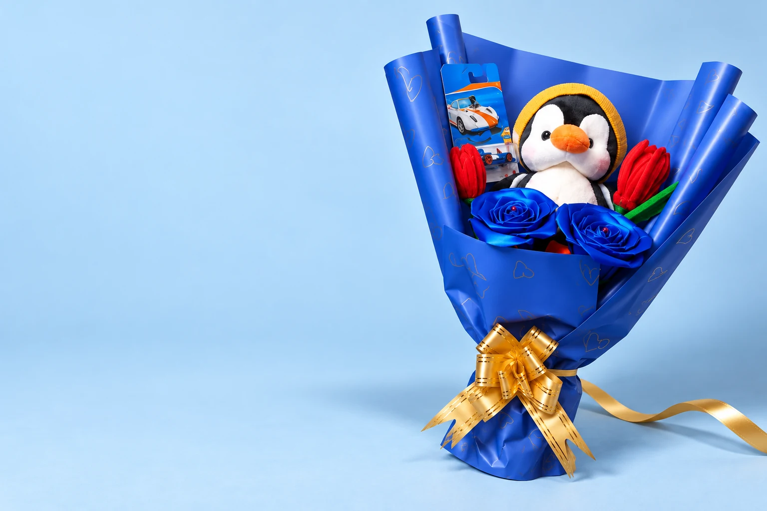 Arreglo azul con pingüino de peluche, flores eternas y carrito
