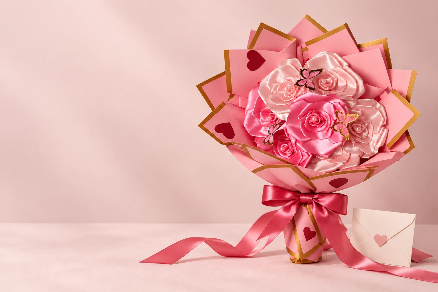 Rosas de satén rosado con mariposas y envoltura artesanal