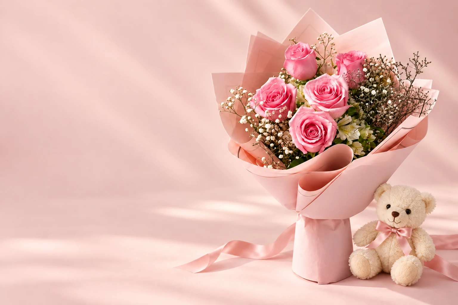 Ramo de cinco rosas rosadas con envoltura rosa de Florería Silvia
