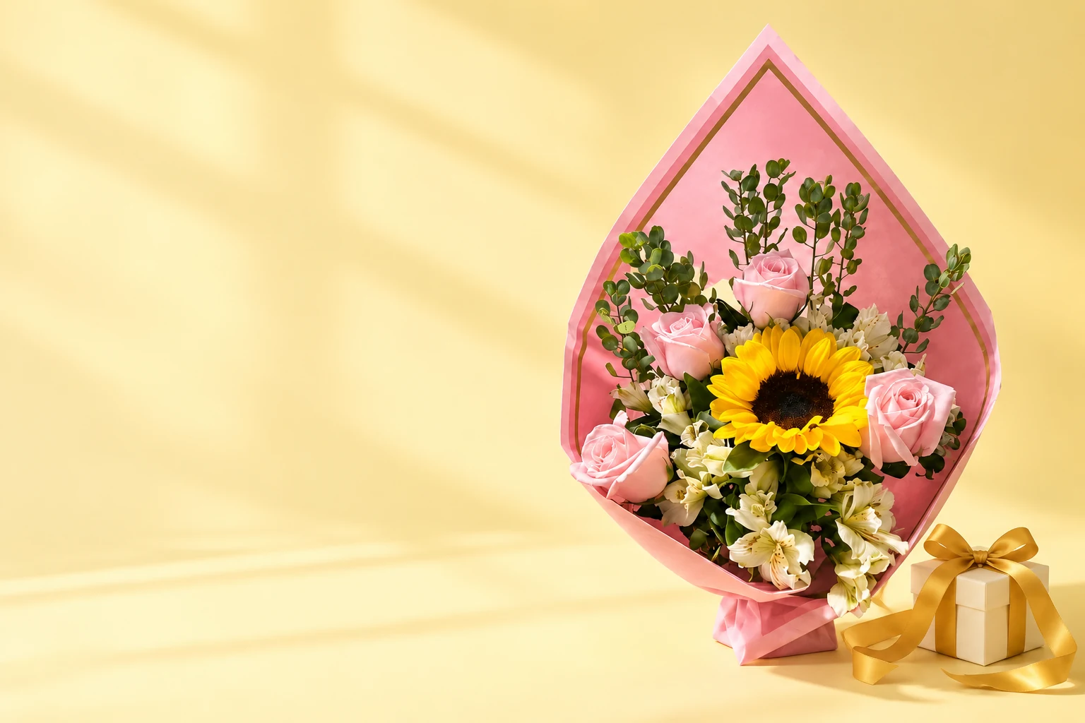 Girasol con rosas rosadas en envoltura rosa de Florería Silvia
